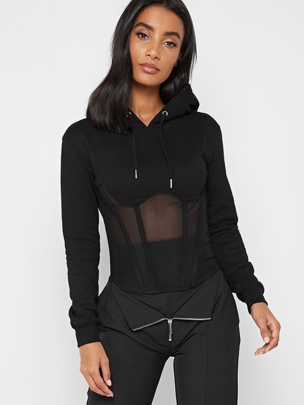 Maniere De Voir Black Mesh Corset Hoodie